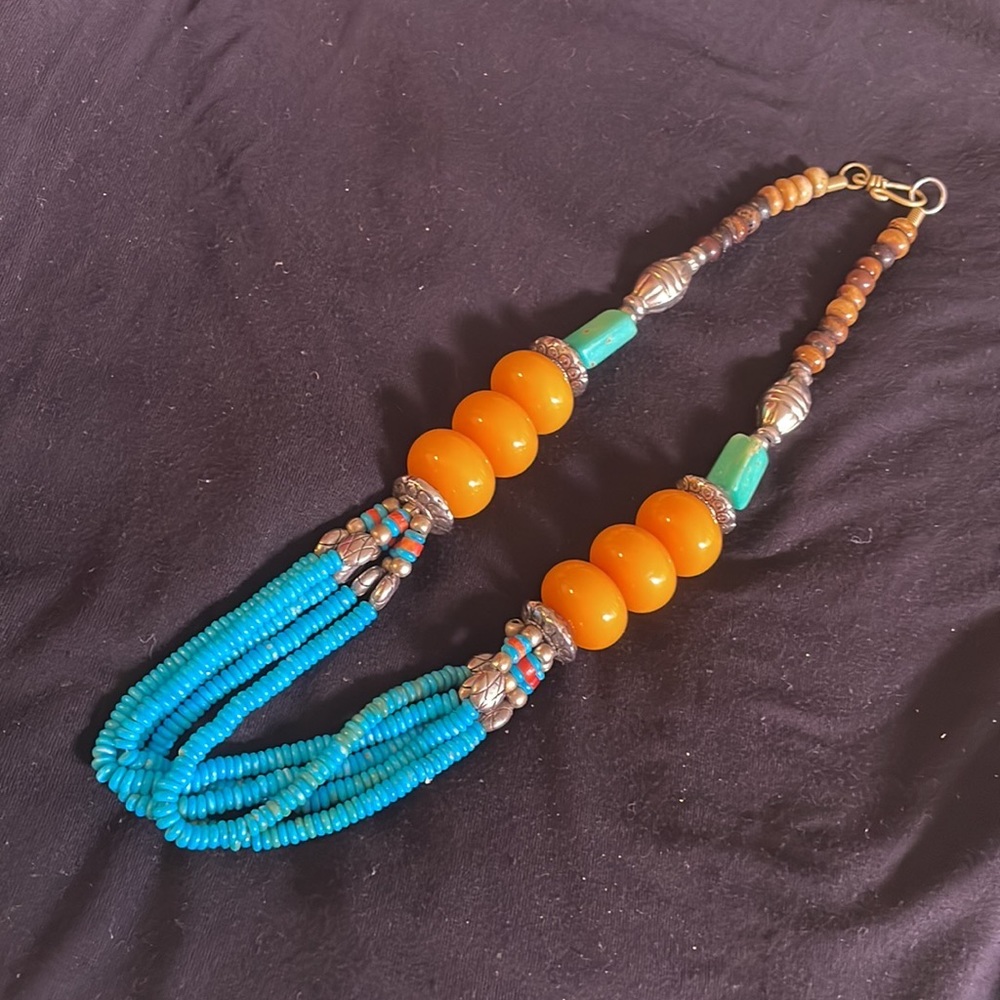 Chunky colourful necklace from Inner Mongolia China 24” orange, turquoise